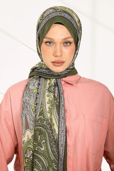 hijabchi Retro Ethnic Pattern Cotton Soft Shawl Series - New Collection - Khaki Green