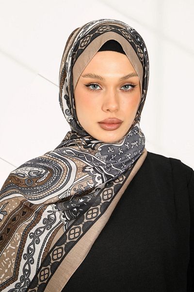 hijabchi Retro Ethnic Pattern Cotton Soft Shawl Series - New Collection - Mink - Brown