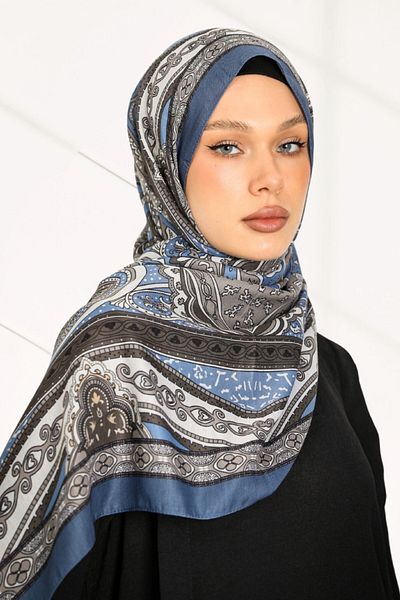 hijabchi Σειρά ρετρό έθνικ μοτίβο βαμβακερό μαλακό σάλι - Νέα συλλογή - Indigo