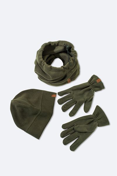 Avva Men's Khaki Fleece Basic Neck Collar Beanie and Gloves Set B 009250