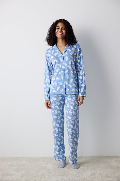 Penti Set de pijamale cu pantaloni cămașă albastră de iarnă