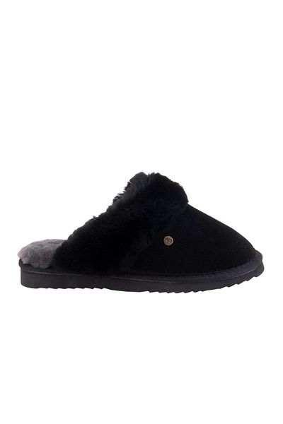Warmbat Australia Hausschuh Flurry Damen Pantoffel Wildleder Schwarz/Schwarz aus Merino-Schafwolle