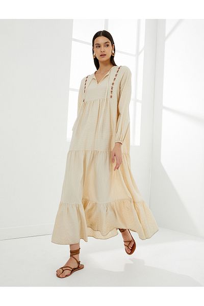 Koton Long Dress Balloon Sleeve Flounced Tied Collar Floral
