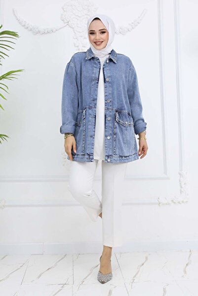 giyze Taş İşlemeli Cepli Kot Ceket Mavi 7902