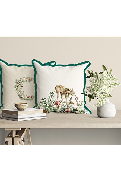Christmas Cushion - JASMIN - Çift Taraf Baskılı Yılbaşı Kırlent Kılıfı - 40 X 40 Cm - SAÇAKLI