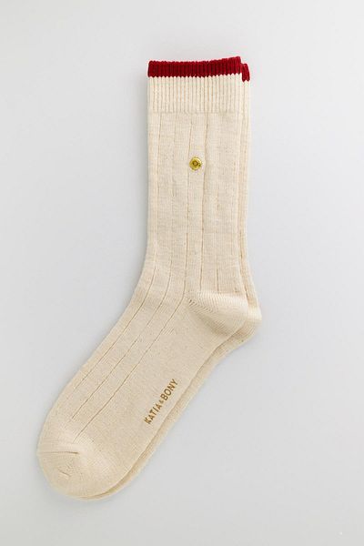 Katia&Bony Men's Studded Plaid Socks Ecru-Claret Red