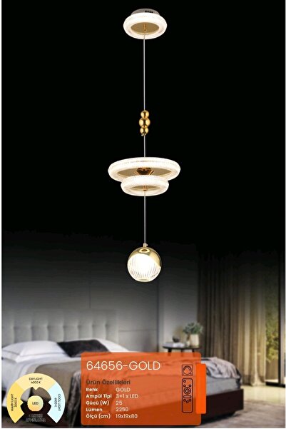 HMS TİCARET 64656-GOLD KUMANDALI DİMLİ ÜÇ 3 IŞIK RENKLİ LED AVİZE LED TAVAN L...