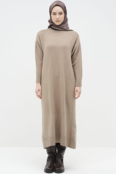 Tuğba Boğazlı Triko Elbise - Vizon