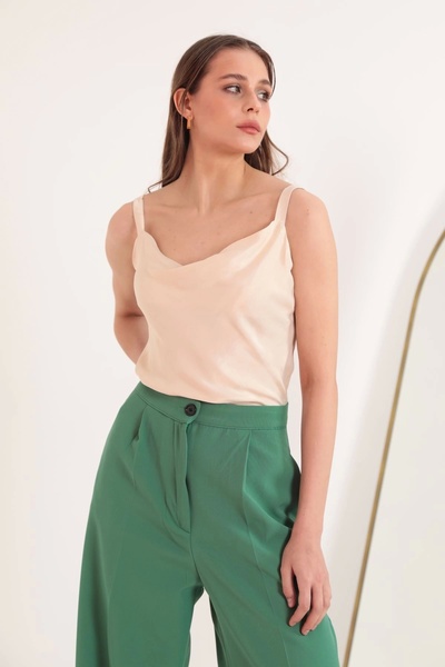 Genel Markalar Saten Kumaş Degaje Yaka Kadın Bluz-bej