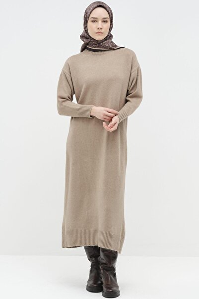 Tuğba Boğazlı Triko Elbise - Vizon