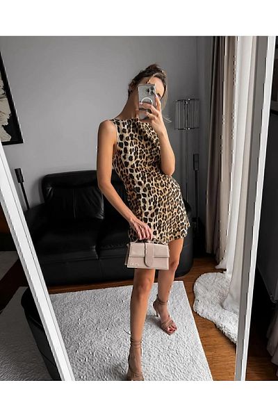 TENİN Rochie de damă fără mâneci cu fermoar din lycra cu model leopard - Tenin