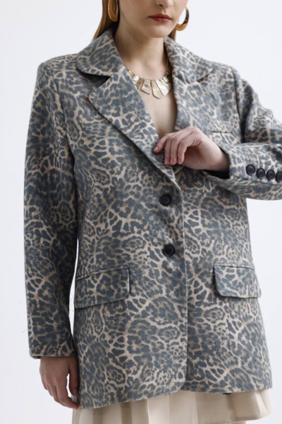 Fovere Γυναικείο μακρύ μπλέιζερ με δύο κουμπιά με λεοπάρ σχέδιο