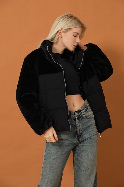 Maule Palton negru de blană artificială iepure de pluș și micropanou pentru femei @mira
