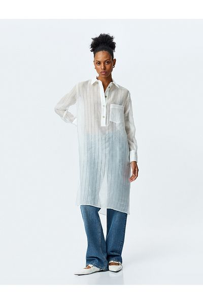 Koton Long Sleeve Shirt Neck Semi Sheer Oversize Long Tunic