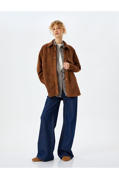 Koton Wildleder Look Oversized geknöpfte Tasche Hemd Jacke