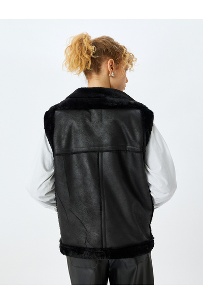 Koton Sleeveless Leather Look Faux Fur Collar Zippered Vest