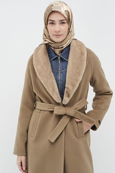 Tuğba Kürk Yaka Kuşaklı Kaban - Vizon