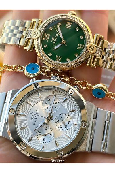 FERRO Brand Steel Band Silver Color, Green, White Dial,Dear Couple Wristwatches + Bracelet