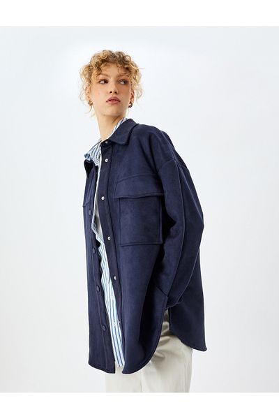 Koton Oversize Suede Look Shirt Jacket with Pocket Detail
