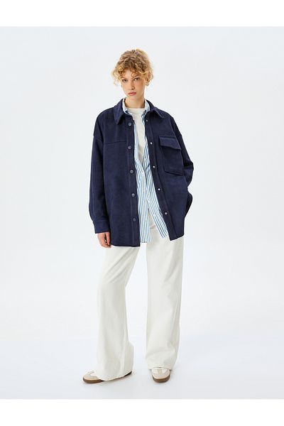 Koton Oversize Suede Look Shirt Jacket with Pocket Detail