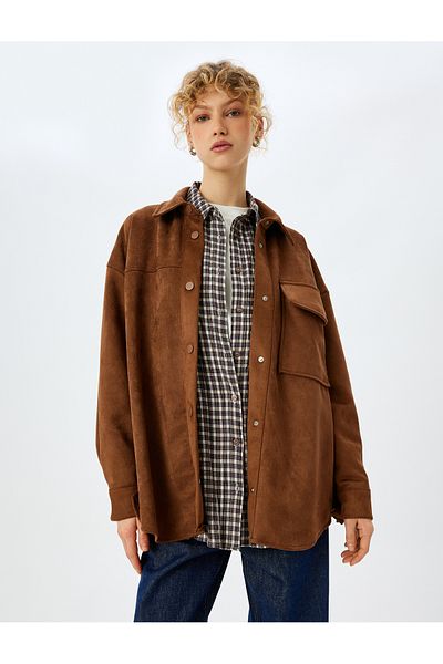 Koton Wildleder Look Oversized geknöpfte Tasche Hemd Jacke