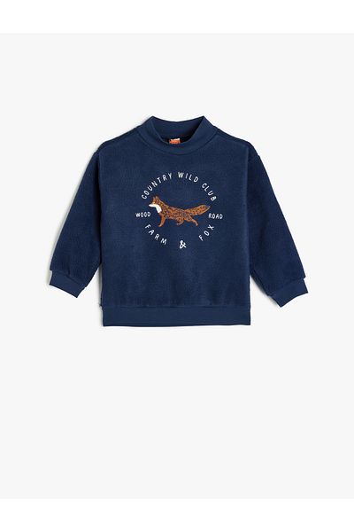 Koton Long Sleeve Fox Printed Stand Collar Raised Cotton Sweatshirt