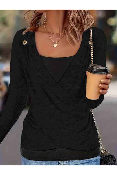 REKA MODA Women's Long Sleeve V Neck Button Detail Soft Blouse