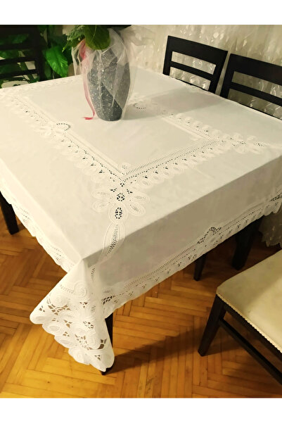 Blue Home Pvc Oilcloth Lace Look Kitchen Table Cover Cream Flower Motif 120X150 cm