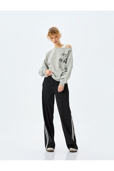 Koton Raised Off-The-Shoulder Boat Neck Printed Oversize Sweatshirt
