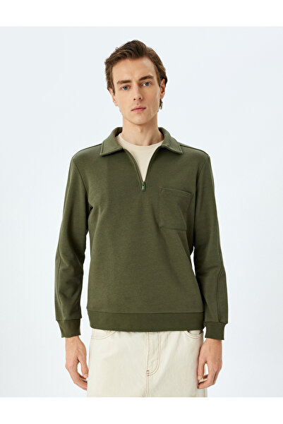 Koton Long Sleeve Pocket Detailed Basic Raised Half Zipper Polo Collar Sweatshirt