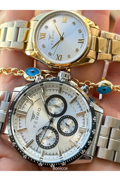 FERRO Brand Steel Cord Silver Yellow Color Dear Couple Wristwatches+Bracelet