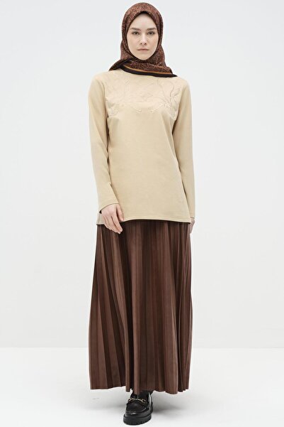 Tuğba Beli Lastikli Suni Deri Plisoley Etek - Tarçın