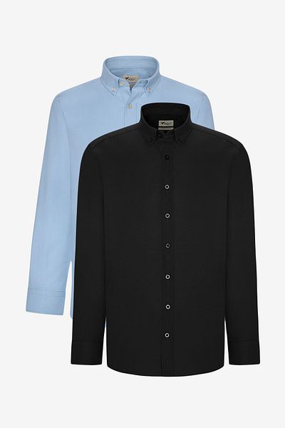 AC&Co / Altınyıldız Classics Cămașă din bumbac Oxford pentru bărbați - albastru/negru, ușor de călcat, slim fit, set de 2