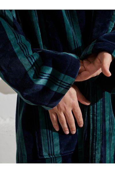 Homelover Ανδρικό μπουρνούζι από 100% βαμβάκι, Extra Soft ριγέ πράσινο Şalyaka