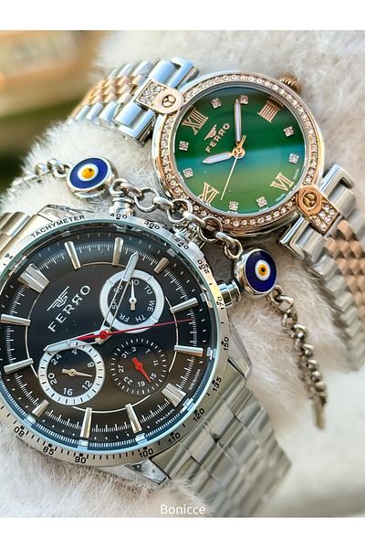 FERRO Brand Steel Cord Silver Color Dear Couple Wristwatches+Bracelet