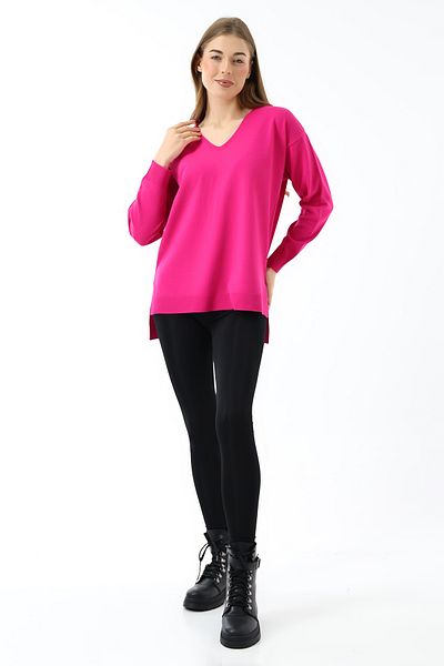 Devinka Women's V-Neck Long Sleeve Thin Woven Oversize Slit Knitwear Pullover Pink