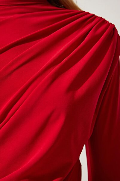TENA Γυναικεία κόκκινη όρθια μπλούζα με γιακά ώμου με ντραπέ μέση
