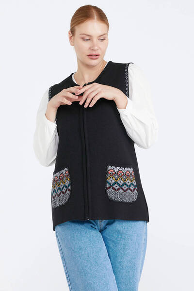 Sementa Women's Zippered Knitwear Vest with Pockets - Black - Light Gray