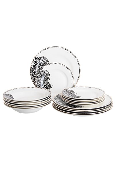 HIC 18 piece porcelain dinner set black and gold design