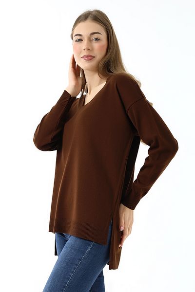 Devinka Women's V Neck Long Sleeve Thin Woven Oversize Slit Knitwear Pullover Coffee