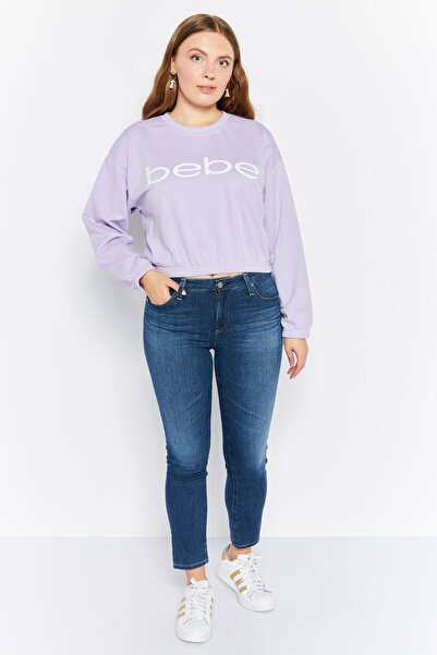 Bebe Women Round Neck Brand Logo Crop Sweatshirts, Lavender