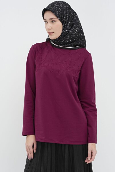 Tuğba Çiçek Nakışlı Örme Bluz - Vişne