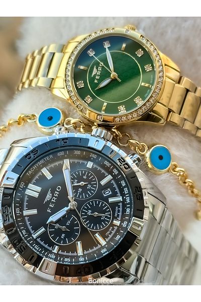 FERRO Brand Steel Cord Silver Color, Dear Couple Wristwatches + Bracelet