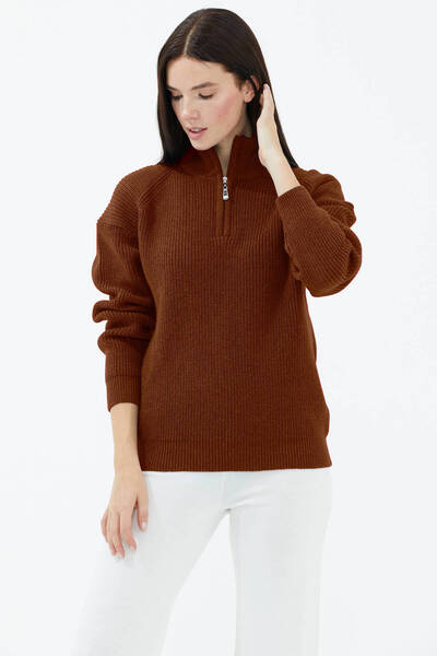 Sementa Half Turtleneck Zippered Wool Knitwear Sweater - Tile