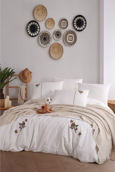 Unica Donna Hand Embroidered Pique Duvet Cover Set Beige - 7 Pieces