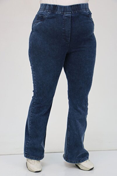Eslina 9137-16 Büyük Beden Beli Lastikli İspanyol Paça  Kot Pantolon - Lacivert