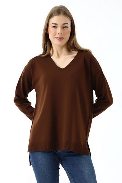 Devinka Women's V Neck Long Sleeve Thin Woven Oversize Slit Knitwear Pullover Coffee