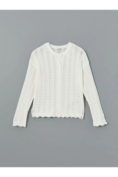 LC Waikiki Lcw Kids Ecru Crew Neck Openwork Girl's Knitwear Cardigan