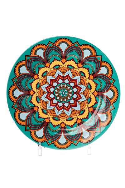 HIC flat porcelain dinner plates 4 Piece with Turquoise/Yellow 27 cm