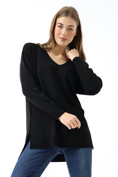 Devinka Black V-Neck Long Sleeve Thin Woven Oversize Knitwear Sweater - Slit Detail